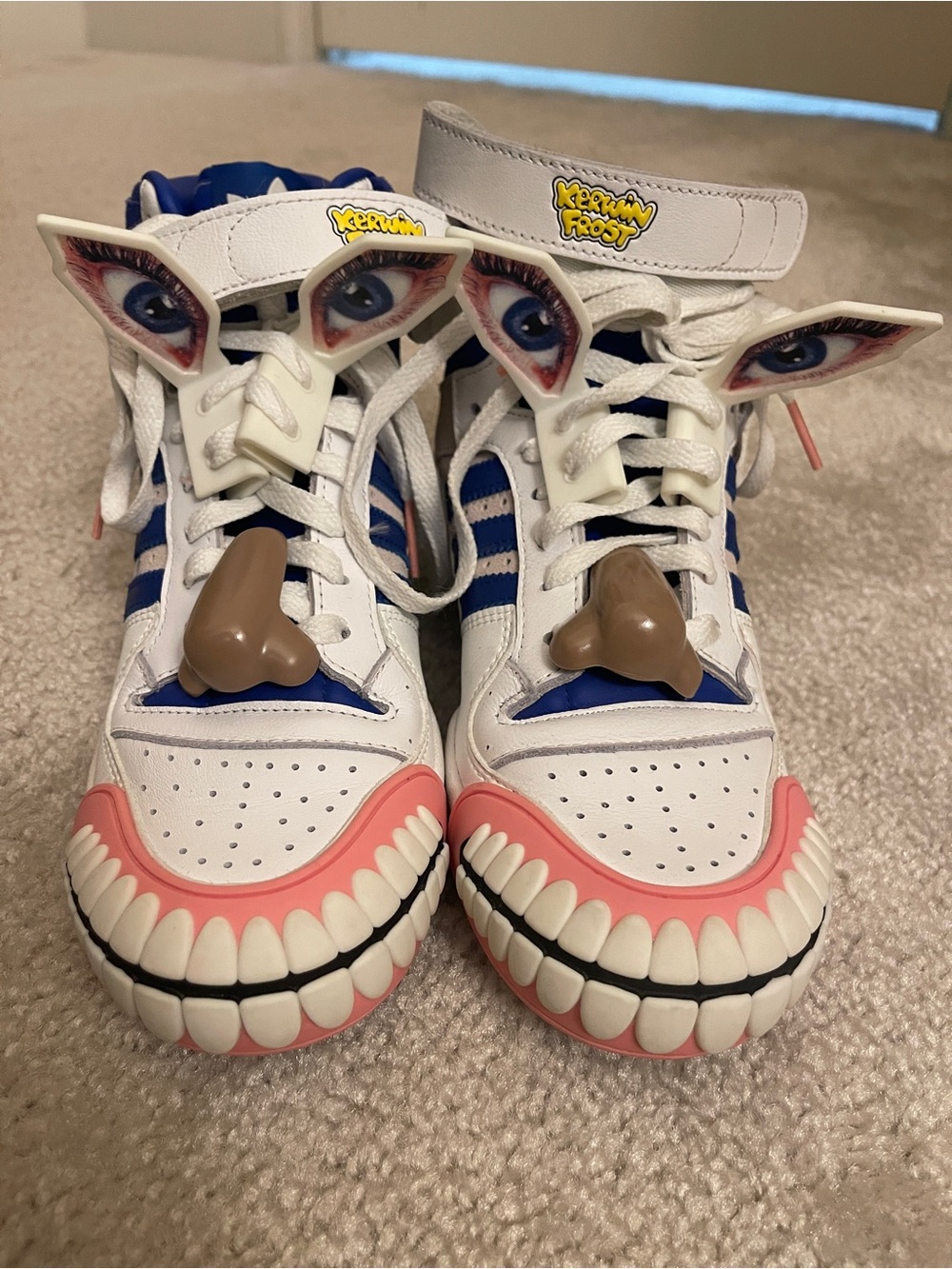 Rare Adidas White & Blue Kerwin Frost  Sneaker with Nose, Eyes, andSmile Accents